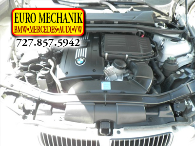 Photo of under a BMW hood with Euro Mechanik Logo
